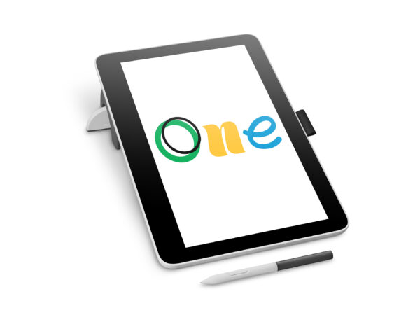 Wacom One 13 touch_3quarter left view with stand showing stand with display in portrait mode pen below