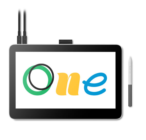 Wacom One 13 touch_Overhead view_with pen on the right_with two cables